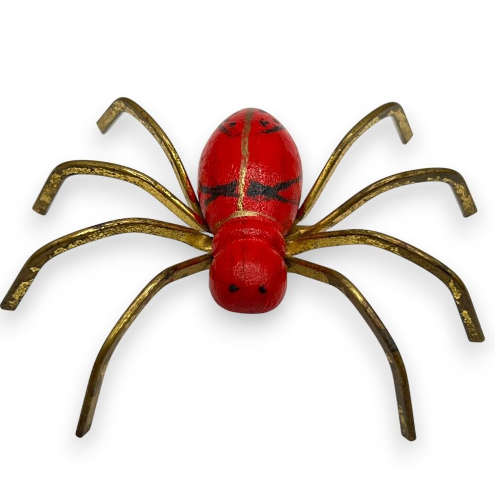 Vintage 1940s Red Painted Wood Spider Bug Brooch/Pin with C-Clasp Closure!